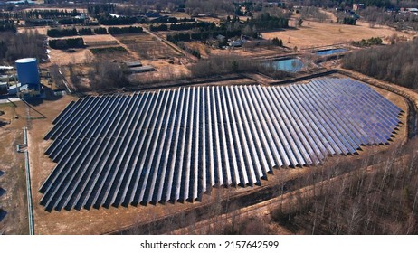 An aerial view of a solar power plant in the field in Jurmala, Latvia