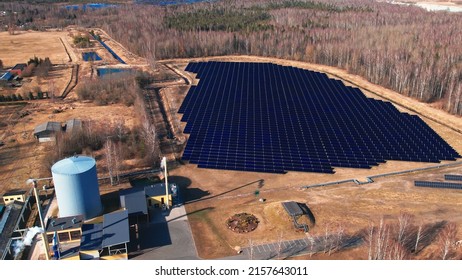 An aerial view of a solar power plant in the field in Jurmala, Latvia