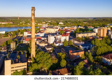 Aerial View Of Sortavala Town And Boiler House Chimney On Sunny Summer Morning. Karelia, Russia.