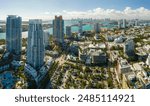 Aerial view of South Beach architecture. Miami Beach city with high luxury hotels and condos. Tourist infrastructure in southern Florida, USA