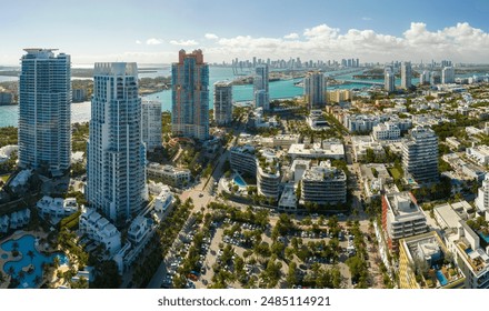 Aerial view of South Beach architecture. Miami Beach city with high luxury hotels and condos. Tourist infrastructure in southern Florida, USA - Powered by Shutterstock