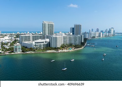 Aerial view of South Beach with sail boats anchored in the intracoastal waterway, Miami Beach, Florida, United States