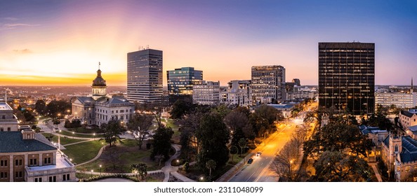Aerial view of the South Carolina skyline at dusk in Columbia, SC. Columbia is the capital of the U.S. state of South Carolina and serves as the county seat of Richland County - Shutterstock ID 2311048099