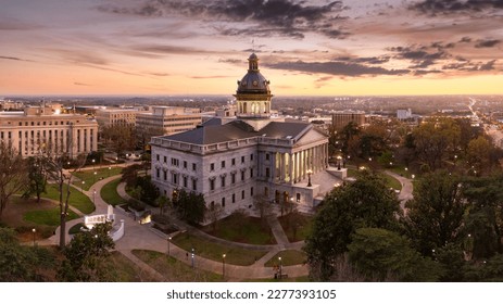 Aerial view of the South Carolina Statehouse at dusk in Columbia, SC. Columbia is the capital of the U.S. state of South Carolina and serves as the county seat of Richland County - Shutterstock ID 2277393105