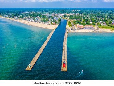 Aerial view of the South Haven Lighthouse on Lake Michigan; South Haven, Michigan