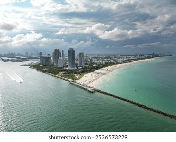 Aerial view of South Pointe Park. Miami Beach. Florida. USA. Aerial view of Miami Beach. Aerial panoramic view of the city of Miami, buildings, marina, yachts and luxurious apartments. - Powered by Shutterstock