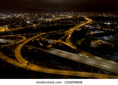 Aerial View Of Spaghetti Junction In Birmingham UK At Night.