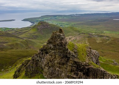 Aerial view of spectacular jagged rock formations at a remote, highlands location (Quiraing, Isle of Skye, Scotland)