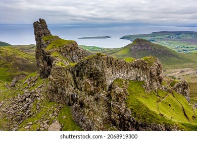 Aerial view of spectacular jagged rock formations at a remote, highlands location (Quiraing, Isle of Skye, Scotland)