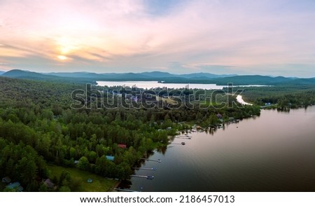 Aerial view of Speculator, New York with Lake Pleasant in the front. July 11, 2022