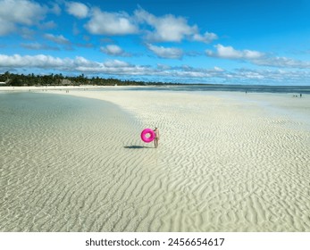 Aerial view of sporty slim woman with swimming ring, sandy beach, blue sea during low tide at sunny summer day in Zanzibar island. Top view of beautiful girl, sandbank, ocean, sky with clouds, palms - Powered by Shutterstock