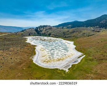 Aerial view of Spotted Lake, saline, alkaline lake located in Osoyoos in heart of valley in British Columbia, Canada