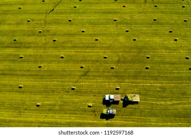 Aerial View Of Square Bale Harvesting