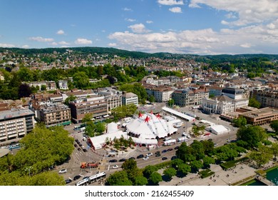 Aerial view of Sechseläuten Square with circus tent of national circus Knie at City of Zürich on a sunny spring day. Photo taken May 30th, 2022, Zurich, Switzerland.