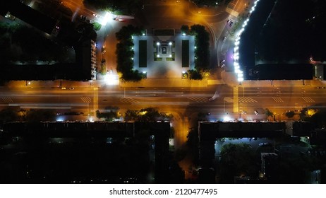 Aerial view of the square on main street in night with excerpt, roads, city, top, Russia