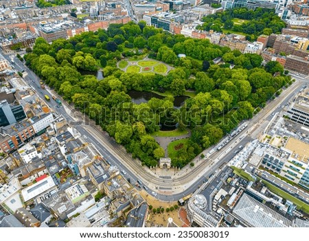 Aerial view of St Stephen's Green Park, a historical park and garden, located in the centre of Dublin city