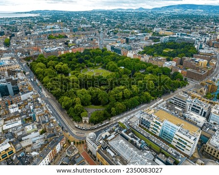 Aerial view of St Stephen's Green Park, a historical park and garden, located in the centre of Dublin city