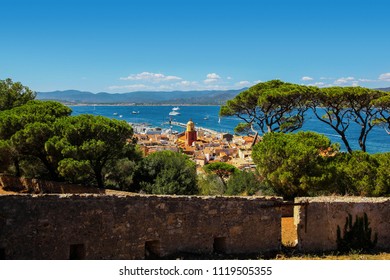 Aerial View Of St Tropez Old Town Clock Tower And Harbor From The Citadel