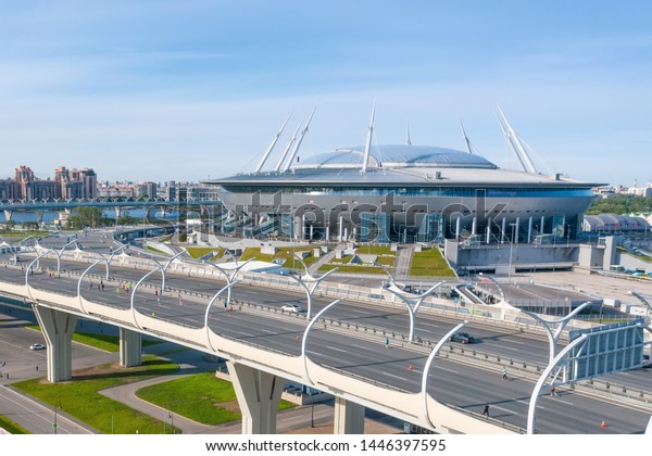 Aerial view of the stadium Gazprom Arena and high-speed bridge. Russia, Saint-Petersburg, 01 July 2019