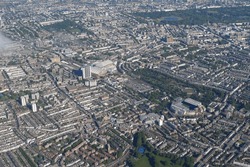 Aerial View Of Stamford Bridge Stadium, Brompton Cemetery And Kensington Gardens, London
