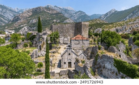 Aerial view of Stari Bar (Old Town of Bar), the ruins of an ancient walled city at the foot of Mount Rumija in Montenegro - It was successively part of the Byzantine, Venetian and Ottoman empires