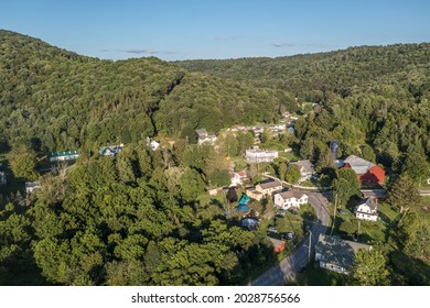 Aerial View Of Starrucca Pennsylvania In Waybe County A Historic Borough Along The New York State Border Consisting Of 2 Small Streets Rural Village In The Valley With A Barn, Inn, Post Office