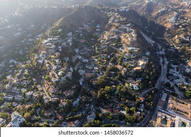 Aerial View Of Steep Hillside Homes Near Laurel Canyon Blvd In The Hills Above West Hollywood And Los Angeles, California.