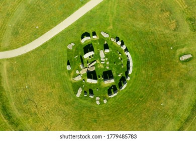 Aerial view of Stonehendge on a sunny day in summer with no people around. This is a historic site with a ring of standing stones, it was believed to be a burial site.