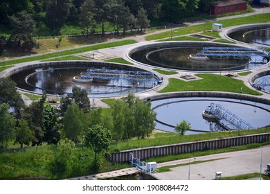 Aerial view of storage tanks in sewage water treatment plant