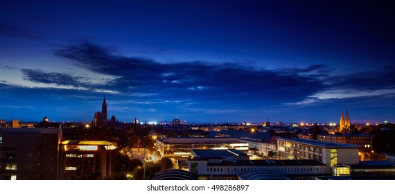 Aerial View Of Strasbourg And Its Famous Cathedral At Night 