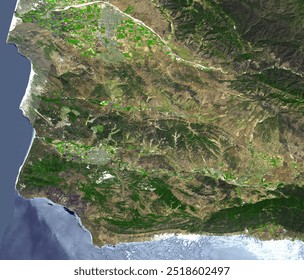 Aerial view of a stunning coastal landscape.  The photo captures a peninsula with a winding river flowing into a bay. Lush vegetation and rocky cliffs add. Elements of this image furnished by NASA - Powered by Shutterstock