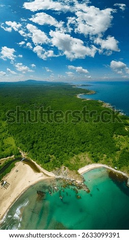 Aerial view of a stunning seacoast and Silistar beach in Bulgaria	
