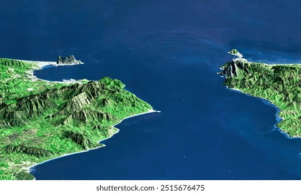 Aerial view of a stunning tropical archipelago with turquoise waters, lush vegetation, and sandy beaches. Perfect for island hopping and exploring nature.. Elements of this image furnished by NASA - Powered by Shutterstock