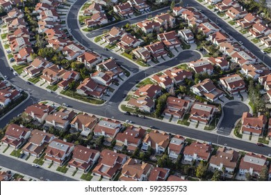 Aerial view of suburban homes in the Porter Ranch community of Los Angeles California.