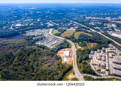 Aerial view of suburban houses and roads in the Atlanta suburbs