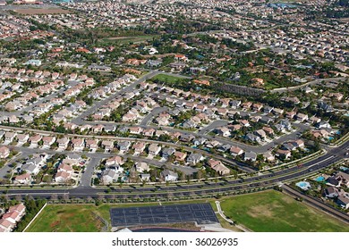 Aerial View Of Suburban Sprawl And Neighborhoods