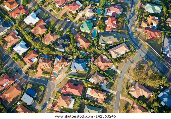 Aerial view of\
suburbs near Brisbane,\
Australia