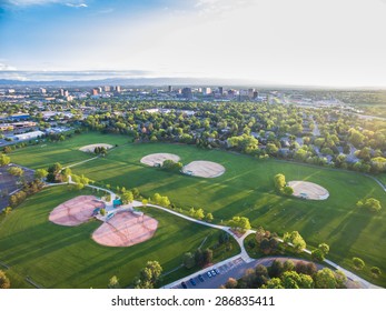 Aerial view of succer and baseball fields at Village Greens Park, Colorado.