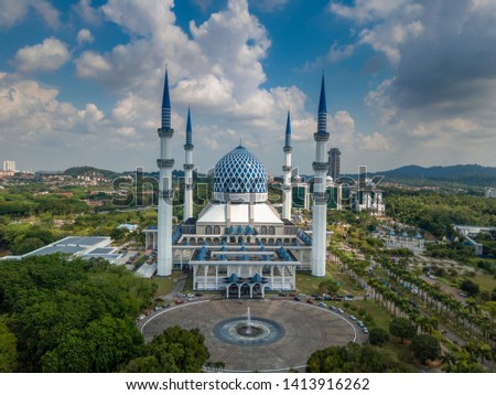 Aerial view of Sultan Salahuddin Abdul Aziz Shah Mosque (also known as the Blue Mosque) located at Shah Alam, Selangor, Malaysia