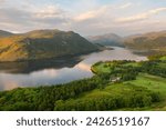 Aerial view of a Summer afternoon at Ullswater seen from Gowbarrow Fell in The Lake District, UK. 