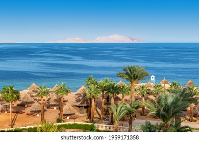 Aerial View Of Sunny Beach In Tropical Resort In Red Sea Coast In Egypt, Africa.