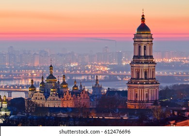 Aerial view at sunrise of the Kiev-Pechersk Lavra - one of the main symbol of Kiev, Ukraine 