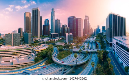Aerial View, Sunrise In Los Angeles City, California.