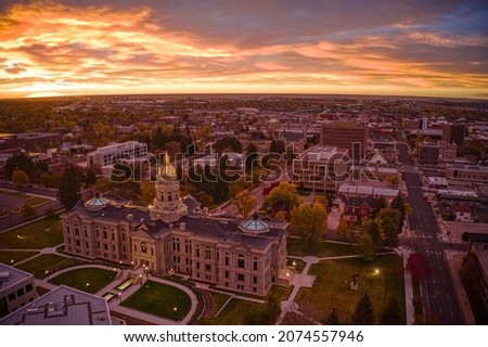Aerial View of a Sunrise over Downtown Cheyenne, Wyoming