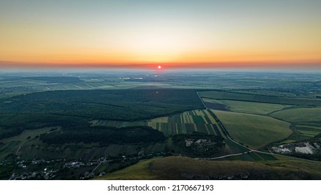 Aerial View Of Sunrise Over Green Hills, Moldova