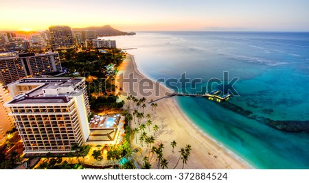 Aerial View of Sunrise at Waikiki Beach 