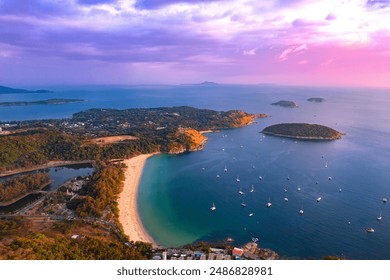 Aerial view Sunset landscape Nai Harn beach and marina with white yachts, Rawai resort with windmill, travel paradise blue sea of Phuket, Thailand. - Powered by Shutterstock