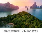 Aerial view sunset national park Phang Nga bay and Hong island with tourist speed boat. Concept travel trip in Thailand nature beautiful landmark.