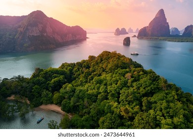 Aerial view sunset national park Phang Nga bay and Hong island with tourist speed boat. Concept travel trip in Thailand nature beautiful landmark. - Powered by Shutterstock