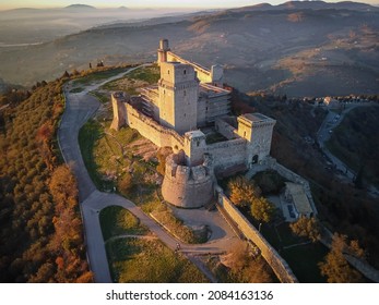 Aerial view at sunset on Rocca Major in Assisi in Umbria in Italy - Shutterstock ID 2084163136